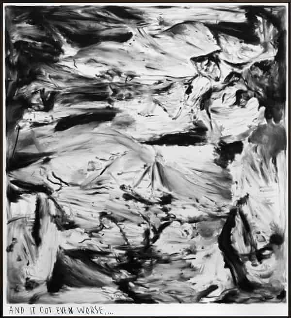 „And it got even worse, ...“, 2018, Kohle auf Leinwand, Künstlerrahmen, 200 × 180 cm